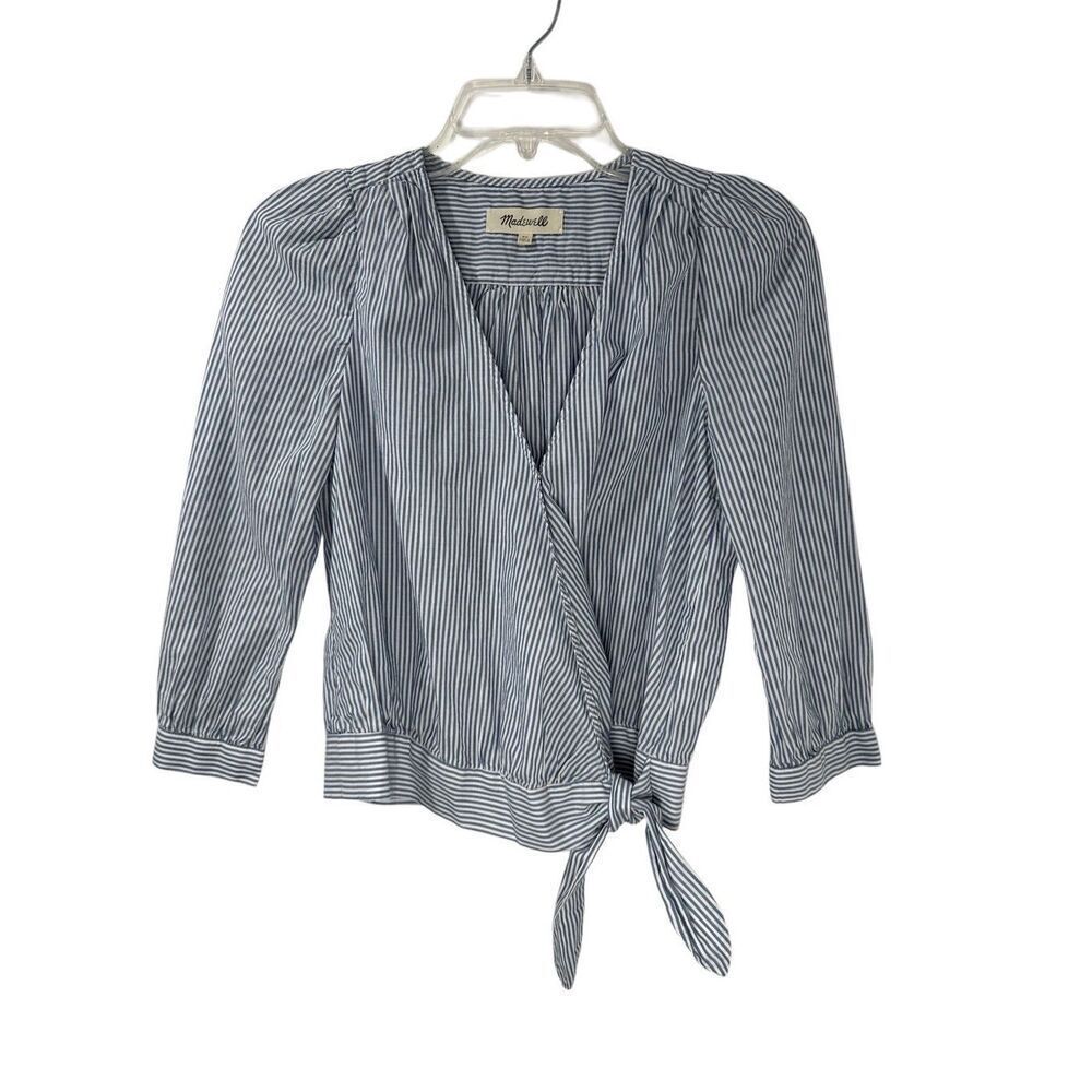 Madewell blue white stripe long sleeve front tie blouse size XS. #35-1882